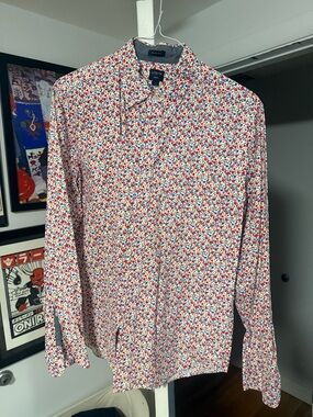 J. Crew Men's White Button-Down Shirt with Red & Blue Floral Print